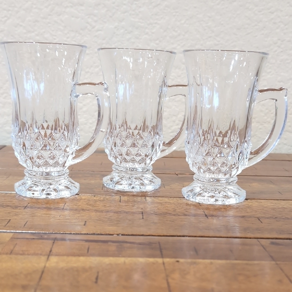 Set Of 3 Cristal d' Arques Durand Diamante Footed Turkish Tea Irish Coffee Mugs